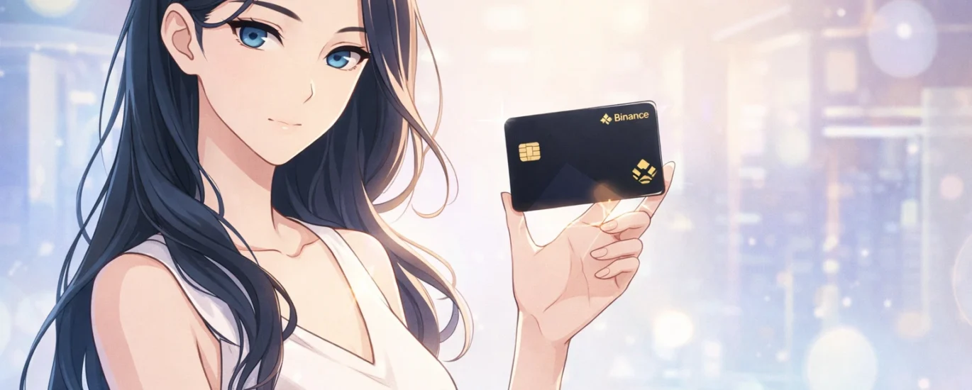 Minimalist manga-style illustration of a woman holding a crypto debit card inspired by Binance in a futuristic fintech setting