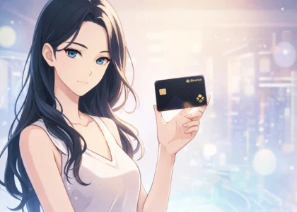 Minimalist manga-style illustration of a woman holding a crypto debit card inspired by Binance in a futuristic fintech setting