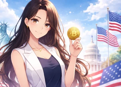 Minimalist manga-style illustration of a woman holding a Bitcoin coin with United States background including Statue of Liberty and Capitol building