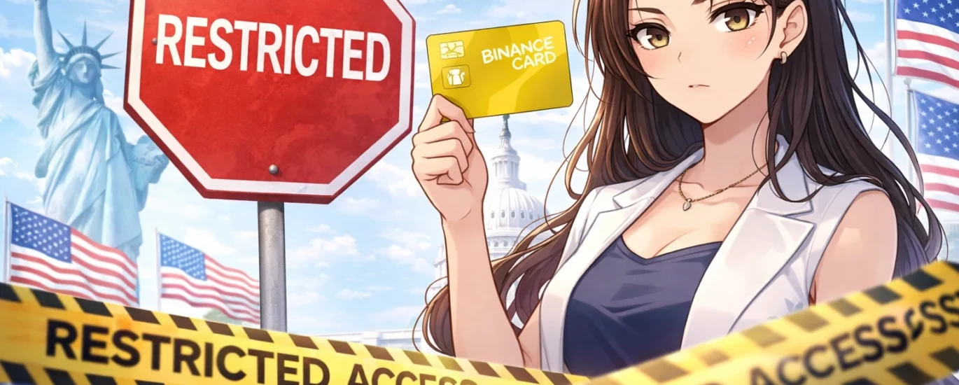Manga-style illustration of a woman holding a Binance card with restricted sign and United States background showing crypto regulation limits
