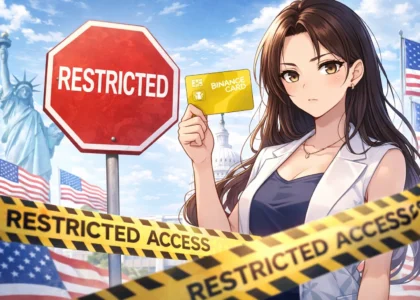 Manga-style illustration of a woman holding a Binance card with restricted sign and United States background showing crypto regulation limits