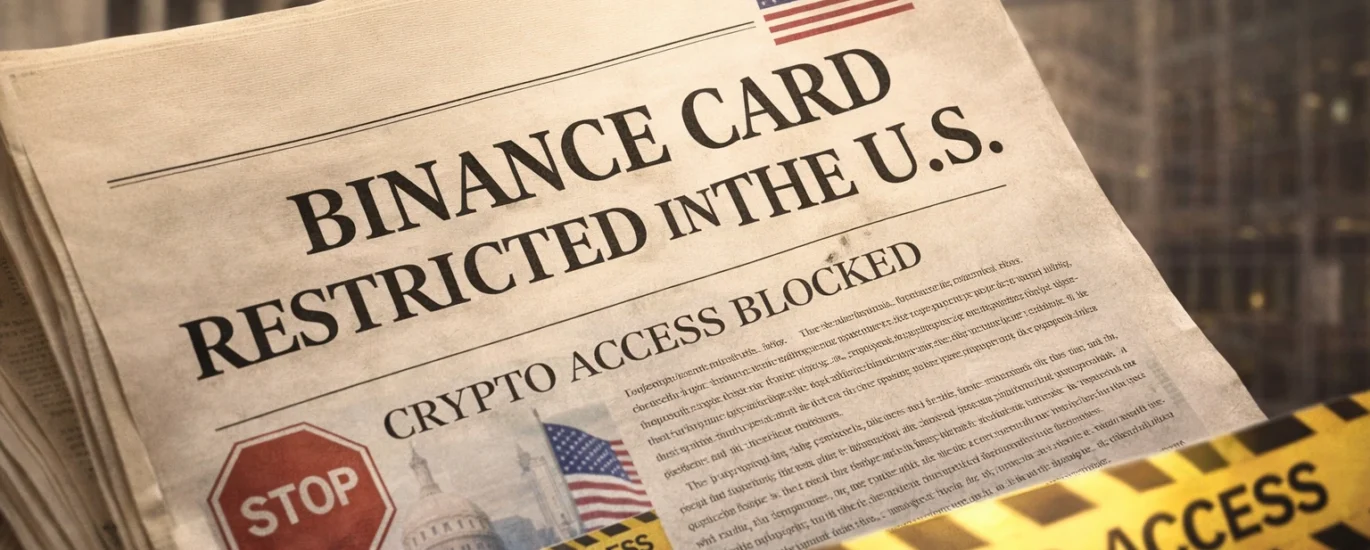 Newspaper-style image showing Binance Card restricted in the United States with Wall Street background and warning signs