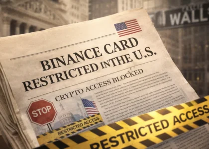 Newspaper-style image showing Binance Card restricted in the United States with Wall Street background and warning signs