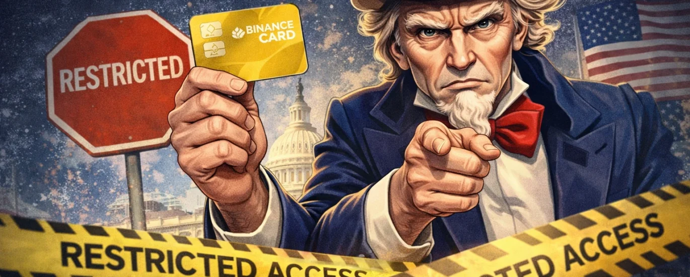 Magazine-style illustration of Uncle Sam holding a Binance card with restricted access signs representing crypto limitations in the United States