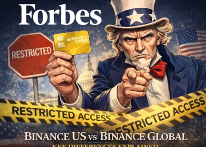 Magazine-style illustration of Uncle Sam holding a Binance card with restricted access signs representing crypto limitations in the United States
