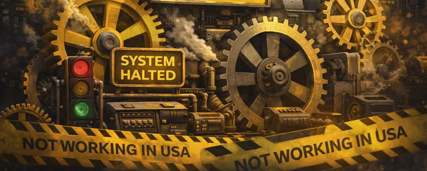 Industrial factory with stopped gears and Binance-style colors representing Binance Card not working in the USA due to regulatory restrictions