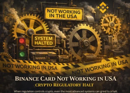 Industrial factory with stopped gears and Binance-style colors representing Binance Card not working in the USA due to regulatory restrictions