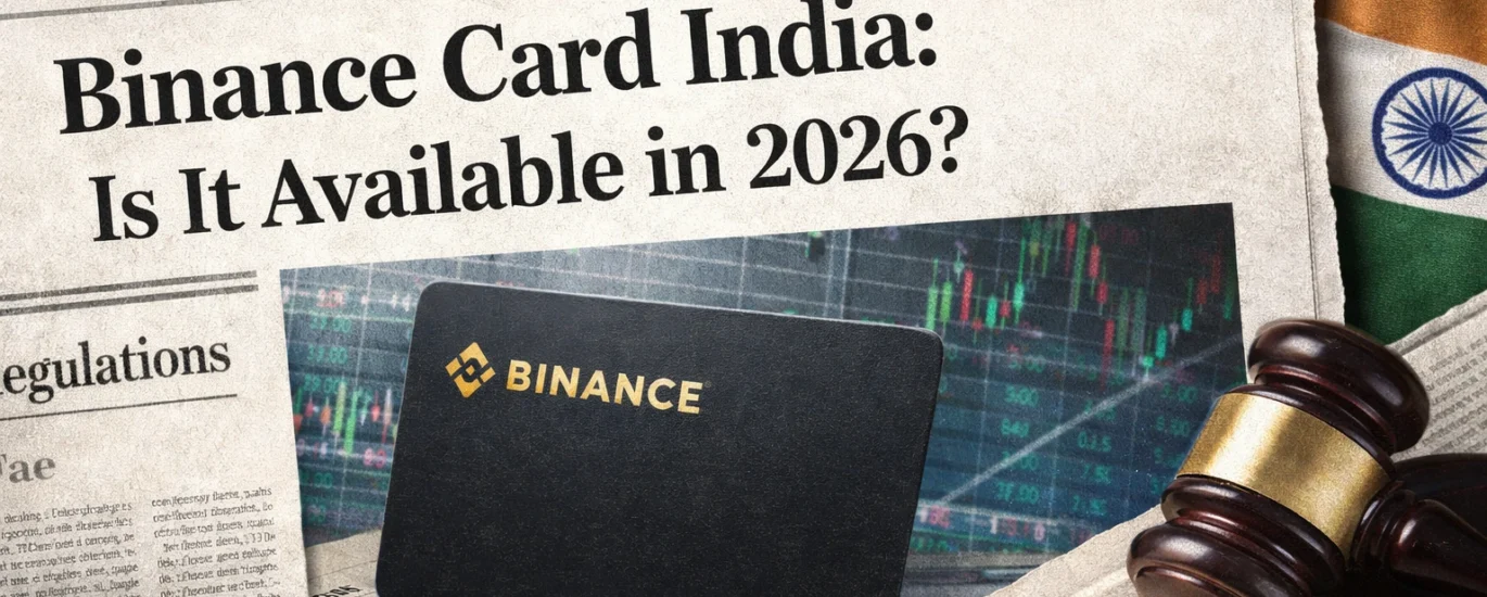 Binance Card India 2026 featured on newspaper-style headline with crypto card, Indian flag, tax gavel, and financial chart background