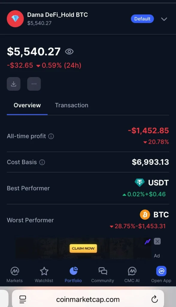 Bitcoin DCA portfolio after 428 days showing current balance, cost basis and temporary unrealized loss during market correction