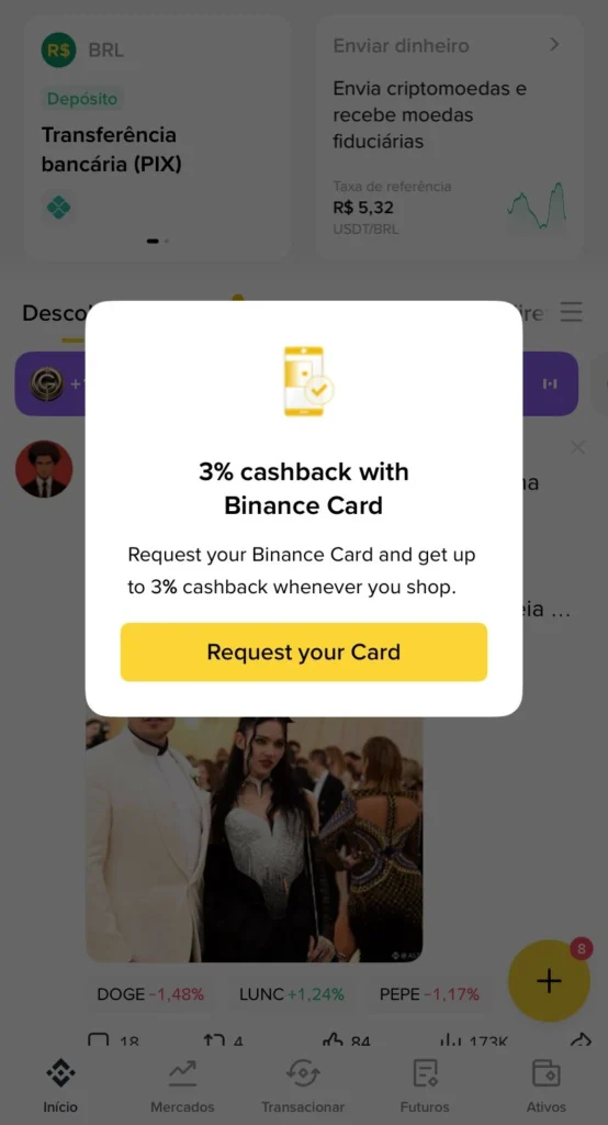 binance card 3 percent cashback popup crypto rewards notification spend crypto earn cashback