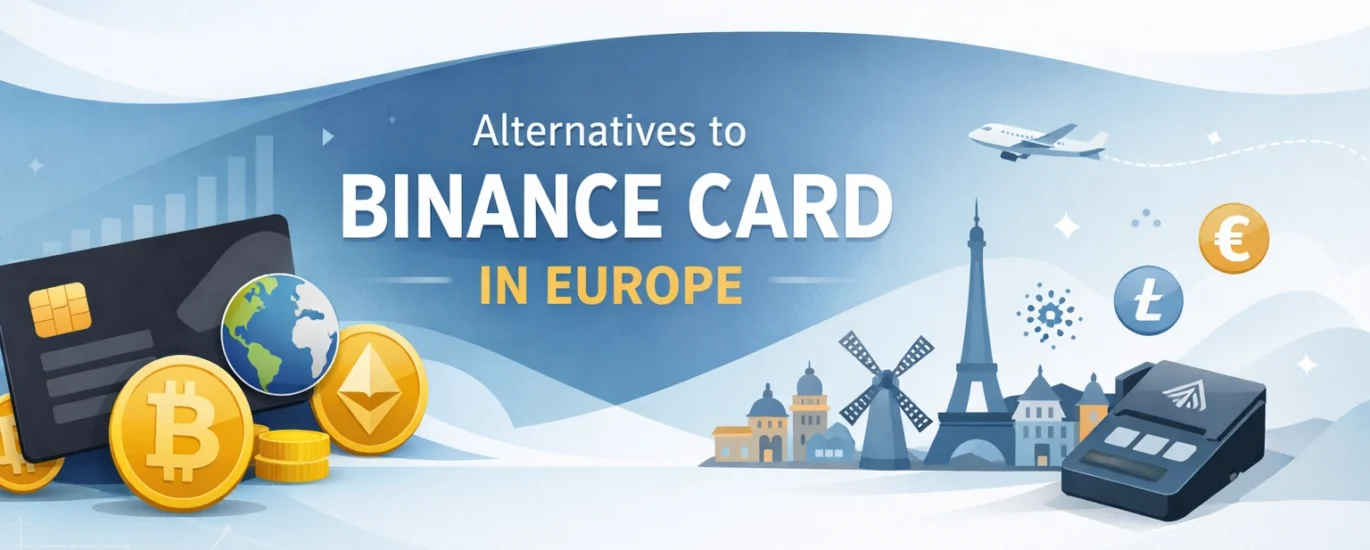 Minimalist banner showing crypto cards, Bitcoin and Ethereum coins, and European landmarks representing alternatives to Binance Card in Europe