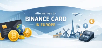 Minimalist banner showing crypto cards, Bitcoin and Ethereum coins, and European landmarks representing alternatives to Binance Card in Europe
