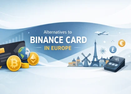 Minimalist banner showing crypto cards, Bitcoin and Ethereum coins, and European landmarks representing alternatives to Binance Card in Europe