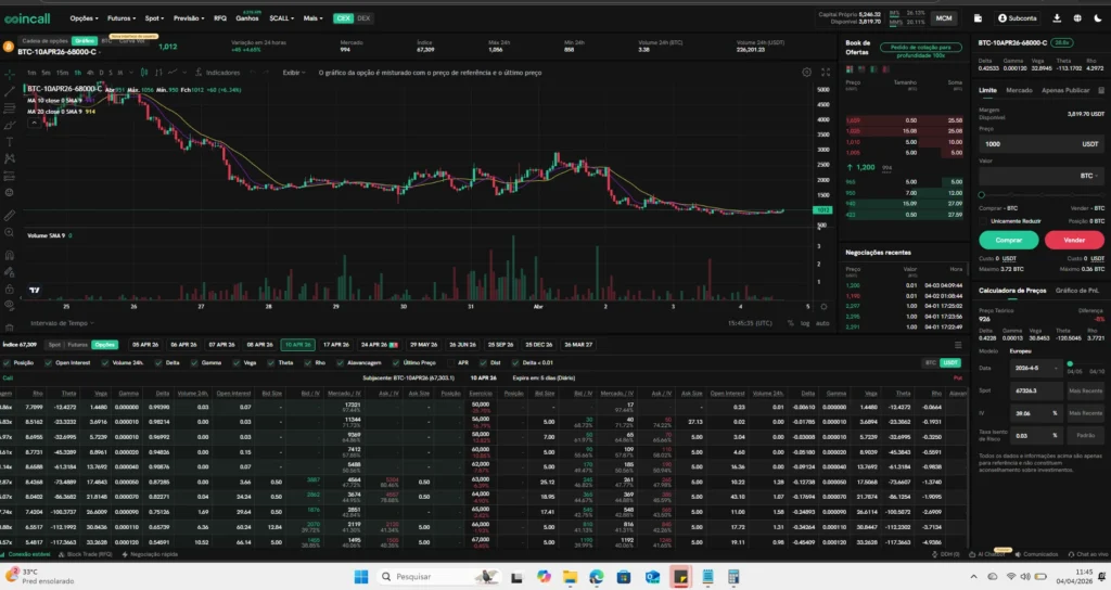 Captura de tela real da plataforma Coincall mostrando o book de ofertas de opções de Bitcoin. A imagem ilustra a baixa liquidez (falta de ofertas no lado Ask) que impediu o encerramento antecipado das operações da DamaDeFi em março de 2026.