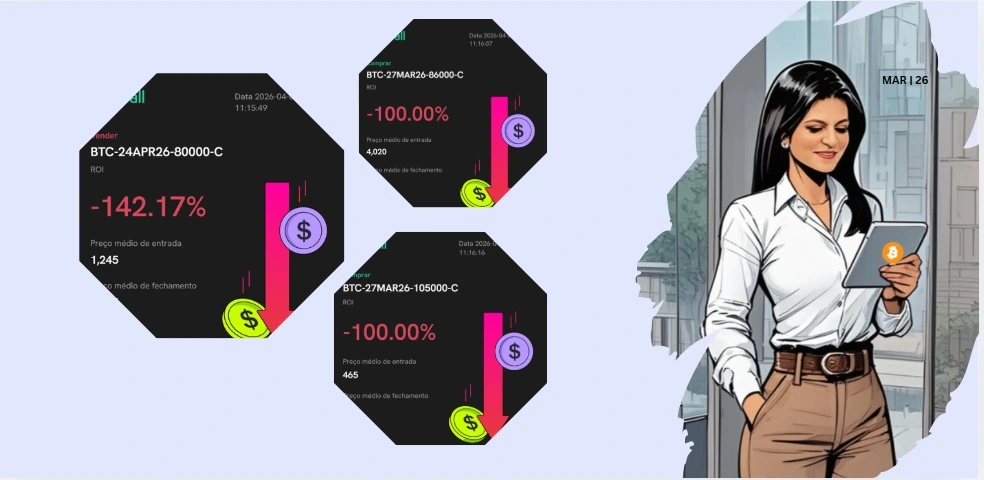 Prejuízo em operações de opções BTC na Coincall com perdas de -142,17% e -100%, ilustrando impacto da baixa liquidez no mercado de opções cripto em março de 2026
