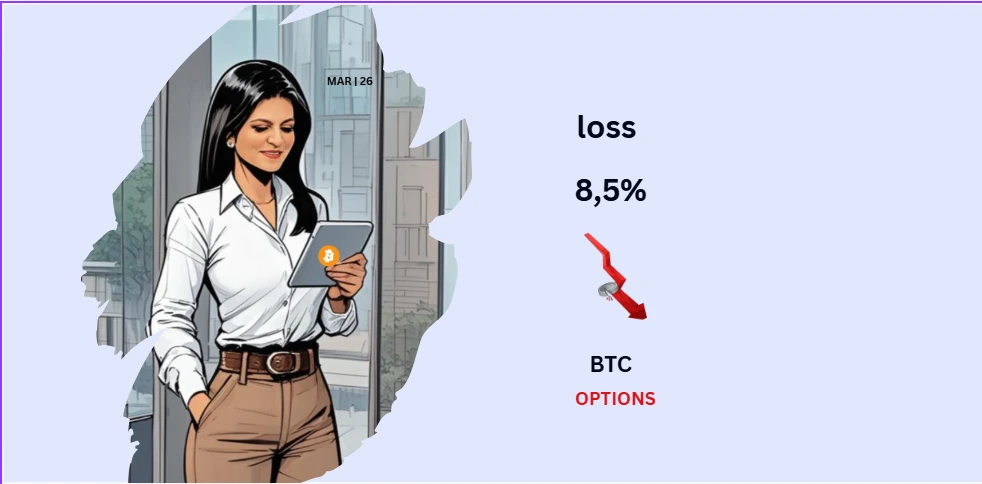 Ilustração de trader analisando prejuízo de 8,5% em opções de Bitcoin, representando perda causada por baixa liquidez no mercado de opções BTC