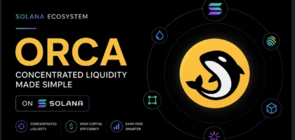 Minimalist cover featuring Orca protocol within the Solana ecosystem, highlighting concentrated liquidity and DeFi yield strategies on a dark background