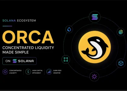 Minimalist cover featuring Orca protocol within the Solana ecosystem, highlighting concentrated liquidity and DeFi yield strategies on a dark background