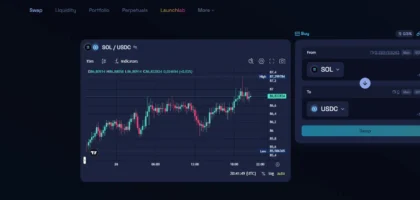 Raydium swap interface showing SOL to USDC trade with price chart, candlestick analysis, and token exchange panel on Solana DeFi platform