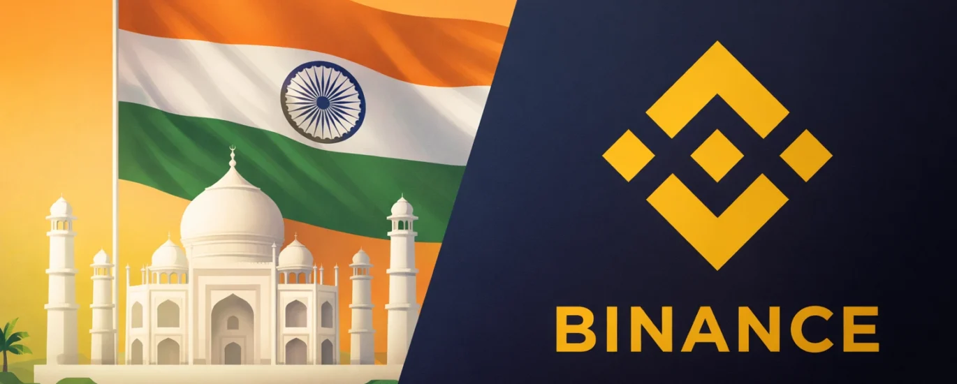 Minimalist illustration of Taj Mahal with Indian flag and Binance logo representing crypto restrictions in India 2026