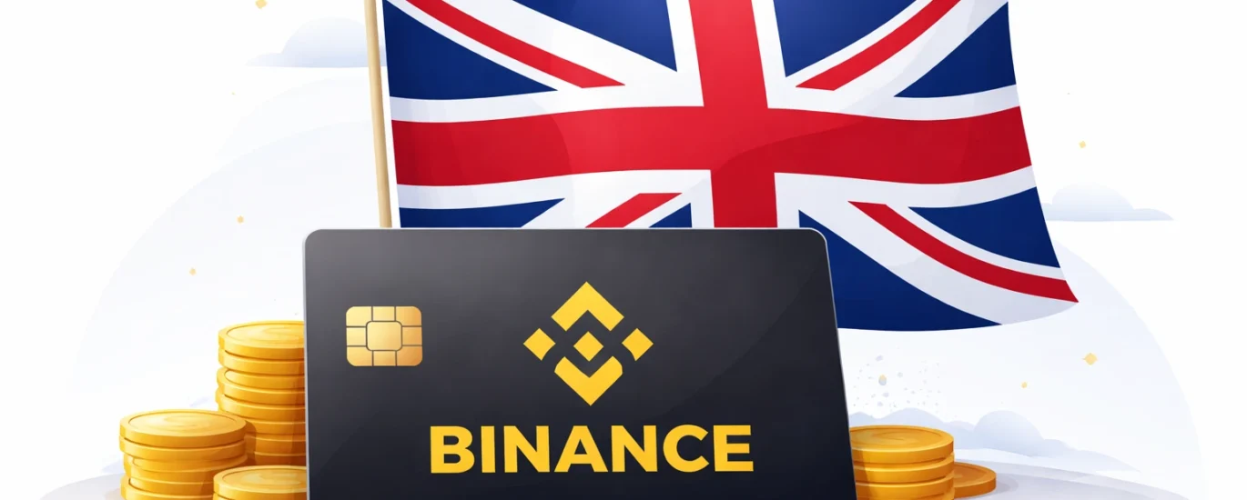 Binance logo with UK flag minimalist banner showing crypto payments concept in the United Kingdom 2026