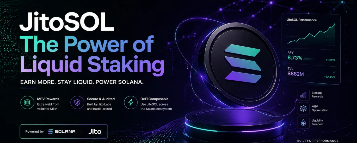 JitoSOL liquid staking hero banner on Solana showing blockchain network design, MEV rewards concept, and modern DeFi yield visualization