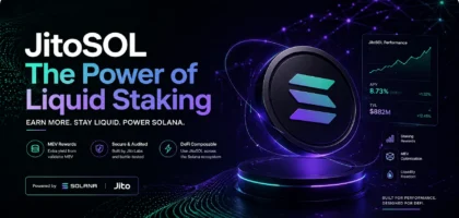JitoSOL liquid staking hero banner on Solana showing blockchain network design, MEV rewards concept, and modern DeFi yield visualization
