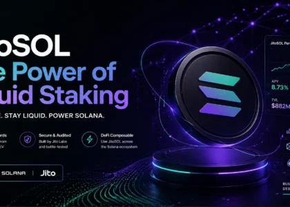JitoSOL liquid staking hero banner on Solana showing blockchain network design, MEV rewards concept, and modern DeFi yield visualization