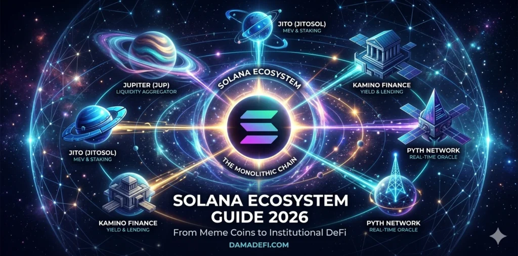 A high-tech cosmic visualization of the Solana ecosystem in 2026, featuring the Solana logo at the center of an orbital system with major projects like Jupiter, Jito, Kamino Finance, and Pyth Network connected by light trails in a digital space.