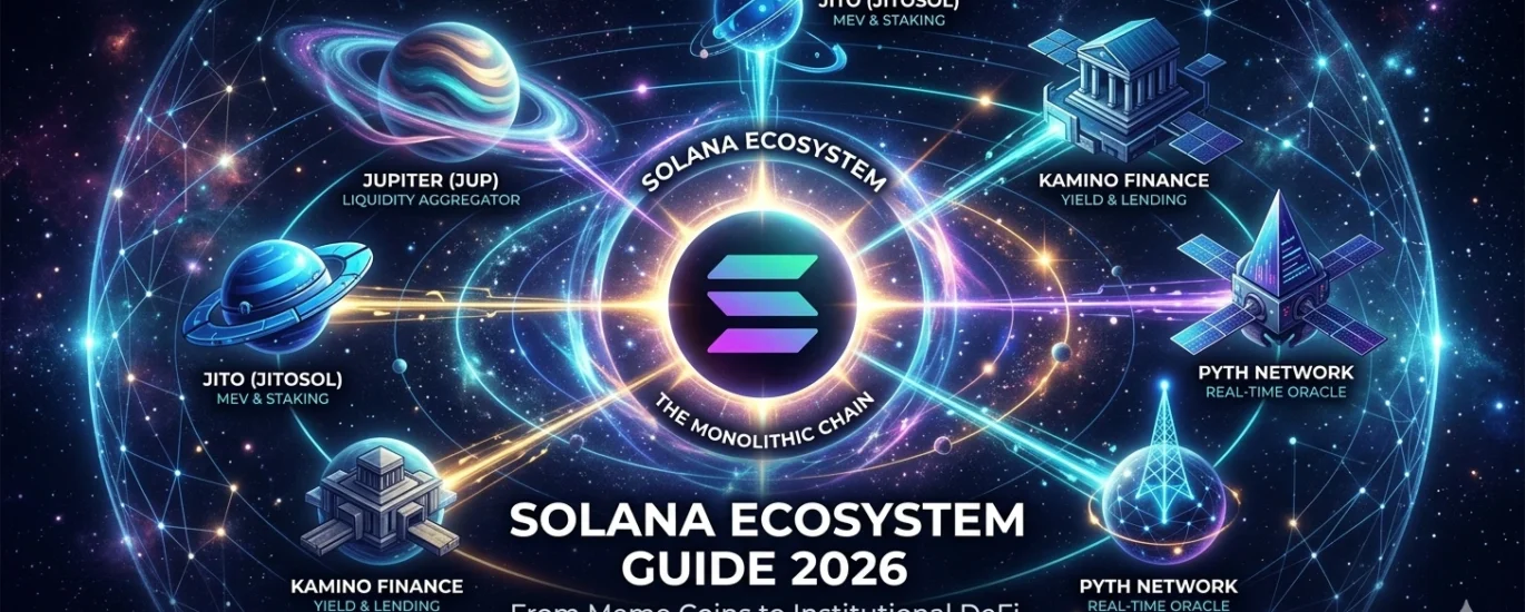 A high-tech cosmic visualization of the Solana ecosystem in 2026, featuring the Solana logo at the center of an orbital system with major projects like Jupiter, Jito, Kamino Finance, and Pyth Network connected by light trails in a digital space.