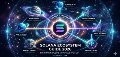 A high-tech cosmic visualization of the Solana ecosystem in 2026, featuring the Solana logo at the center of an orbital system with major projects like Jupiter, Jito, Kamino Finance, and Pyth Network connected by light trails in a digital space.