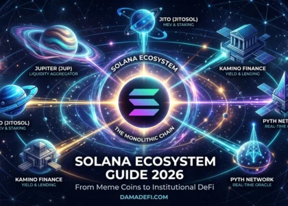 A high-tech cosmic visualization of the Solana ecosystem in 2026, featuring the Solana logo at the center of an orbital system with major projects like Jupiter, Jito, Kamino Finance, and Pyth Network connected by light trails in a digital space.
