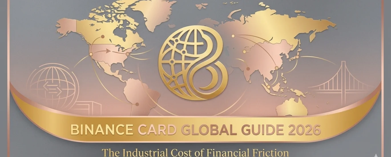Elegant 1200x600 hero banner with a grey background and rose gold world map. Features a gold Binance-styled logo and a golden ribbon with the text 'BINANCE CARD GLOBAL GUIDE 2026 - The Industrial Cost of Financial Friction'.