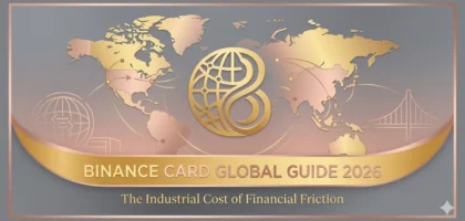 Elegant 1200x600 hero banner with a grey background and rose gold world map. Features a gold Binance-styled logo and a golden ribbon with the text 'BINANCE CARD GLOBAL GUIDE 2026 - The Industrial Cost of Financial Friction'.