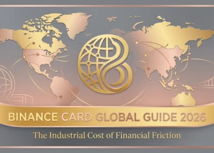 Elegant 1200x600 hero banner with a grey background and rose gold world map. Features a gold Binance-styled logo and a golden ribbon with the text 'BINANCE CARD GLOBAL GUIDE 2026 - The Industrial Cost of Financial Friction'.