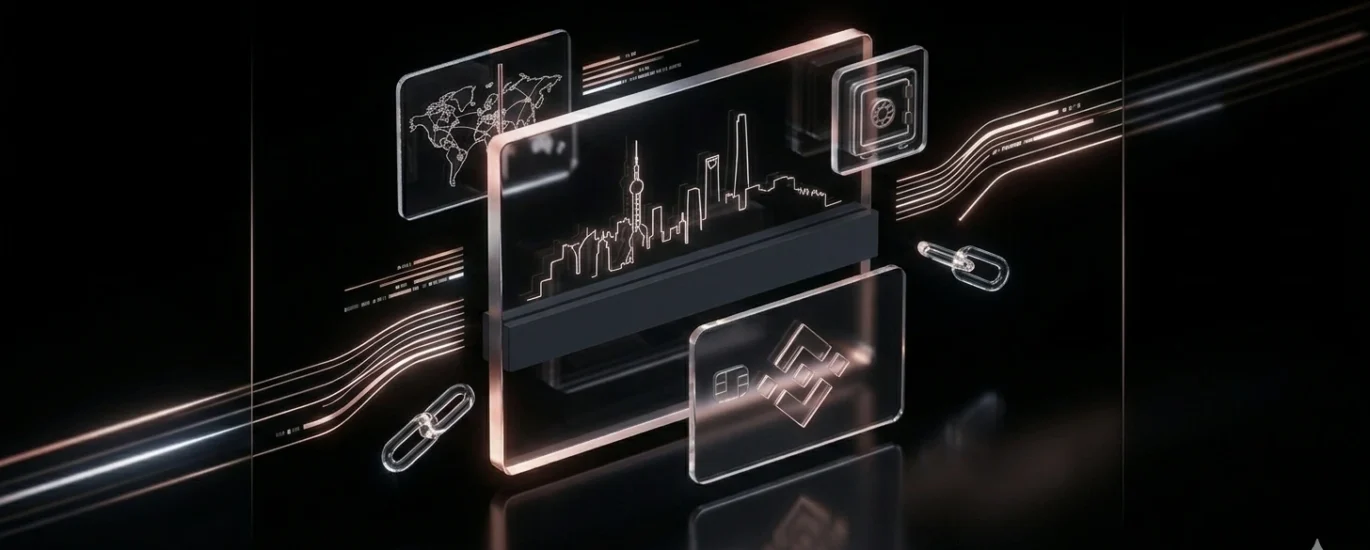 Minimalist 1200x600 px hero image for DamaDeFi (Black Mode). A translucent glass Binance Card, displaying the official logo and glowing rose gold accents, attempts to cross a digital firewall barrier toward the Shanghai skyline. The image symbolizes the strict crypto payment restrictions in Mainland China.