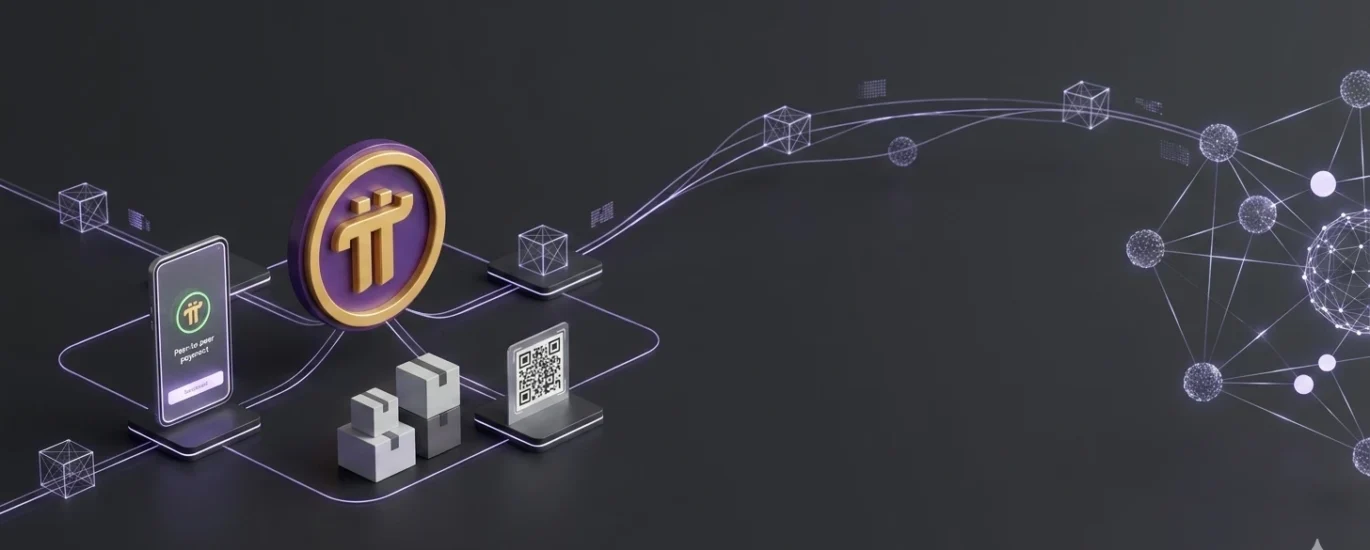 Ilustração técnica e minimalista em fundo cinza grafite fosco. À esquerda, a logomarca dourada e roxa da Pi Network. Dela saem linhas de luz conectadas a um computador estilo workstation ou Mini-PC, que processa dados. Deste dispositivo, uma rede de blocos e conexões globais se expande, representando um nó validador descentralizado e a infraestrutura de mineração on-chain.