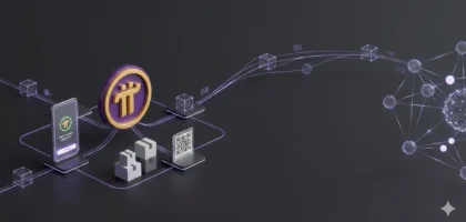 Ilustração técnica e minimalista em fundo cinza grafite fosco. À esquerda, a logomarca dourada e roxa da Pi Network. Dela saem linhas de luz conectadas a um computador estilo workstation ou Mini-PC, que processa dados. Deste dispositivo, uma rede de blocos e conexões globais se expande, representando um nó validador descentralizado e a infraestrutura de mineração on-chain.