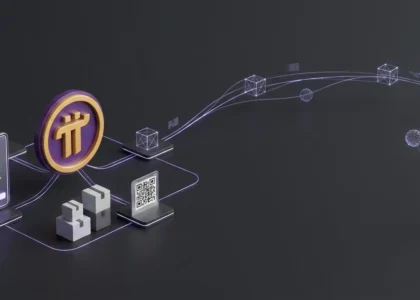 Ilustração técnica e minimalista em fundo cinza grafite fosco. À esquerda, a logomarca dourada e roxa da Pi Network. Dela saem linhas de luz conectadas a um computador estilo workstation ou Mini-PC, que processa dados. Deste dispositivo, uma rede de blocos e conexões globais se expande, representando um nó validador descentralizado e a infraestrutura de mineração on-chain.