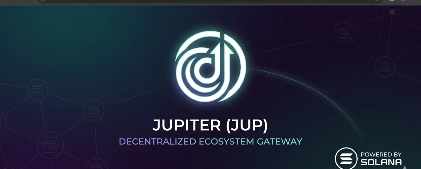 A high-resolution minimalist hero banner in a 1200x600 ratio. The center features a glowing, futuristic white and teal Jupiter (JUP) logo. Below the logo, the text reads "JUPITER (JUP) DECENTRALIZED ECOSYSTEM GATEWAY." In the bottom right corner, there is a "POWERED BY SOLANA" badge with the official Solana logo. The background is a dark, elegant purple and teal gradient with subtle network node connections.