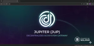 A high-resolution minimalist hero banner in a 1200x600 ratio. The center features a glowing, futuristic white and teal Jupiter (JUP) logo. Below the logo, the text reads "JUPITER (JUP) DECENTRALIZED ECOSYSTEM GATEWAY." In the bottom right corner, there is a "POWERED BY SOLANA" badge with the official Solana logo. The background is a dark, elegant purple and teal gradient with subtle network node connections.