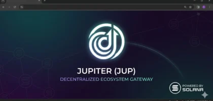 A high-resolution minimalist hero banner in a 1200x600 ratio. The center features a glowing, futuristic white and teal Jupiter (JUP) logo. Below the logo, the text reads 