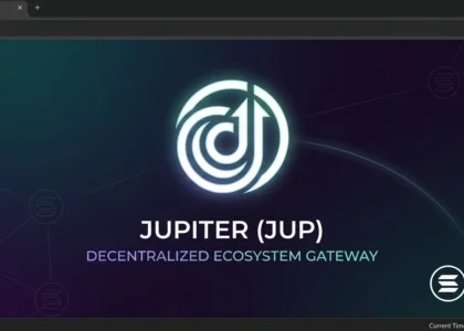 A high-resolution minimalist hero banner in a 1200x600 ratio. The center features a glowing, futuristic white and teal Jupiter (JUP) logo. Below the logo, the text reads "JUPITER (JUP) DECENTRALIZED ECOSYSTEM GATEWAY." In the bottom right corner, there is a "POWERED BY SOLANA" badge with the official Solana logo. The background is a dark, elegant purple and teal gradient with subtle network node connections.