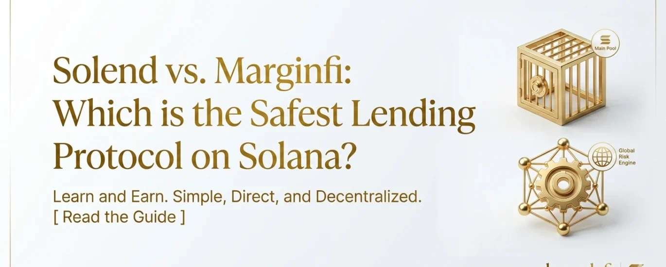 Uma imagem de capa hero minimalista e elegante em 1200x600 pixels para damadefi. O fundo é branco gelo limpo com elementos metálicos dourados sutis. À esquerda, o título principal em dourado: "Solend vs. Marginfi: Which is the Safest Lending Protocol on Solana?". Abaixo, o texto CTA "Learn and Earn. Simple, Direct, and Decentralized. [ Read the Guide ]". À direita, dois ícones conceituais em dourado: uma caixa-forte metálica dourada representando a segurança de pools do Solend e um motor de engrenagem e rede representando o motor de risco global do Marginfi, ambos brilhantes e sofisticados. O logotipo "damadefi" e o ícone Solana estão sutilmente posicionados no canto inferior direito.