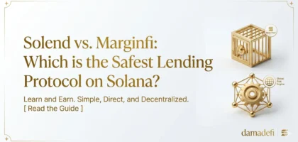 Uma imagem de capa hero minimalista e elegante em 1200x600 pixels para damadefi. O fundo é branco gelo limpo com elementos metálicos dourados sutis. À esquerda, o título principal em dourado: 