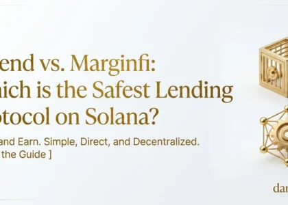 Uma imagem de capa hero minimalista e elegante em 1200x600 pixels para damadefi. O fundo é branco gelo limpo com elementos metálicos dourados sutis. À esquerda, o título principal em dourado: "Solend vs. Marginfi: Which is the Safest Lending Protocol on Solana?". Abaixo, o texto CTA "Learn and Earn. Simple, Direct, and Decentralized. [ Read the Guide ]". À direita, dois ícones conceituais em dourado: uma caixa-forte metálica dourada representando a segurança de pools do Solend e um motor de engrenagem e rede representando o motor de risco global do Marginfi, ambos brilhantes e sofisticados. O logotipo "damadefi" e o ícone Solana estão sutilmente posicionados no canto inferior direito.