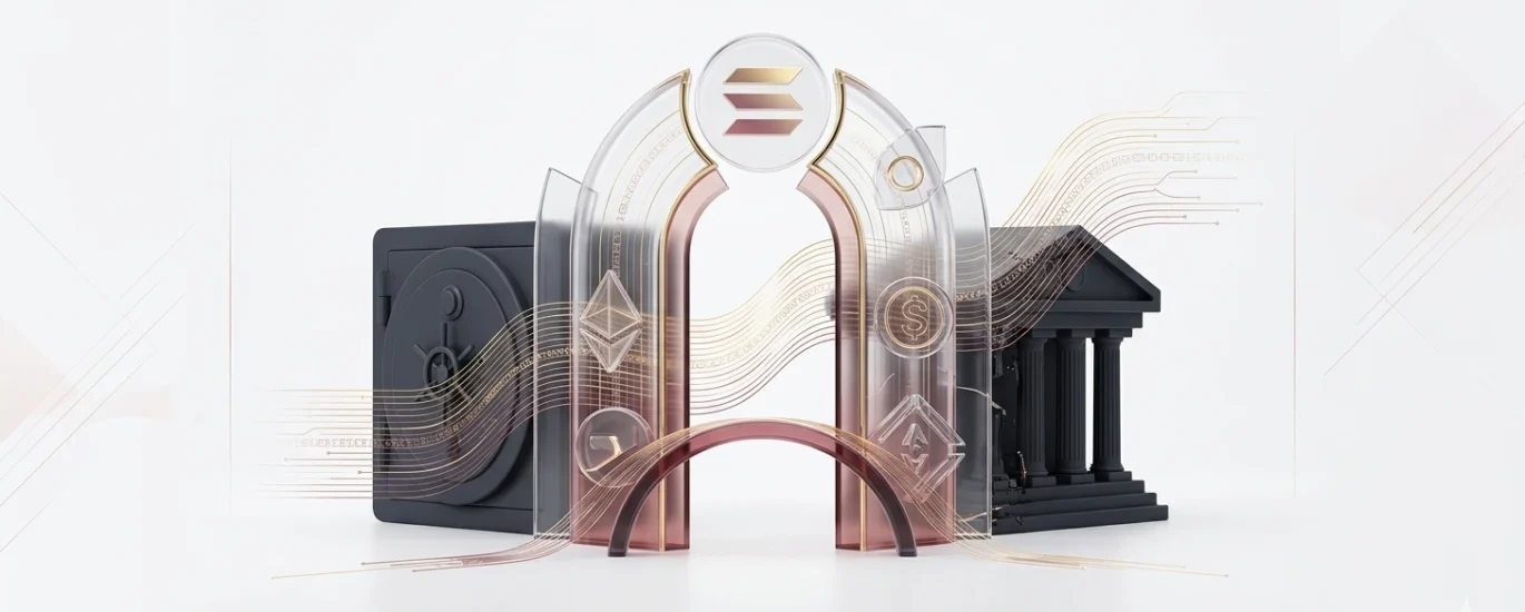 A minimalist 1200x600 px hero image for DamaDeFi featuring a centralized 3D translucent Solana logo. A glowing rose gold and metallic bridge connects a digital vault and a traditional bank building, symbolizing the transition from legacy finance to on-chain global payments in 2026.