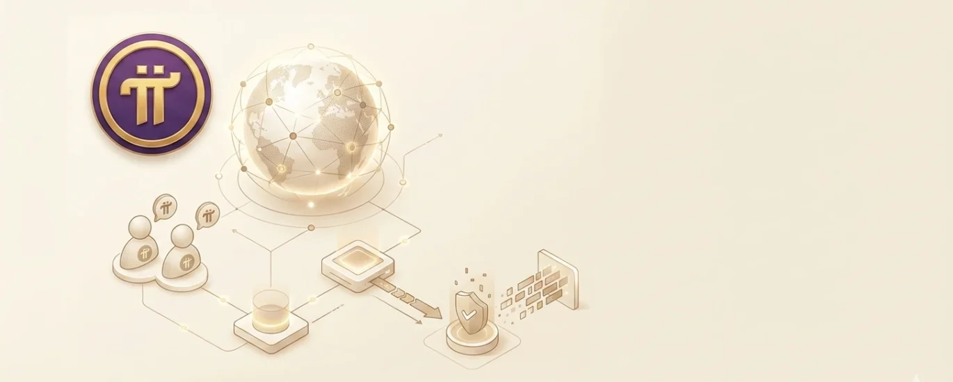 Ilustração técnica em fundo creme com a logomarca da Pi Network à esquerda. Ao centro, um globo conectado e ícones que representam o processo de KYC, como perfis de usuários, escaneamento de dados e um escudo de proteção de identidade, simbolizando segurança e descentralização.