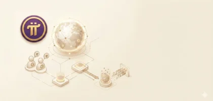 Ilustração técnica em fundo creme com a logomarca da Pi Network à esquerda. Ao centro, um globo conectado e ícones que representam o processo de KYC, como perfis de usuários, escaneamento de dados e um escudo de proteção de identidade, simbolizando segurança e descentralização.