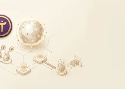 Ilustração técnica em fundo creme com a logomarca da Pi Network à esquerda. Ao centro, um globo conectado e ícones que representam o processo de KYC, como perfis de usuários, escaneamento de dados e um escudo de proteção de identidade, simbolizando segurança e descentralização.